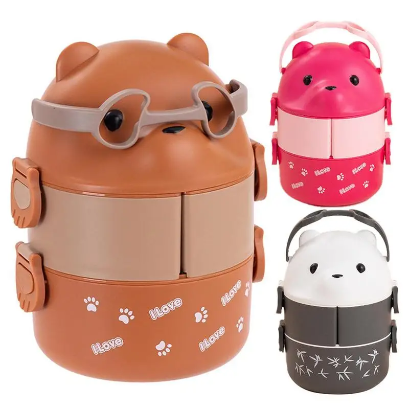 Japanese-St-yle Lunchbox With Spoon Leak Proof Large Capacity Stackable Cute Bear Design Double Layer Bento Box For Hot Food