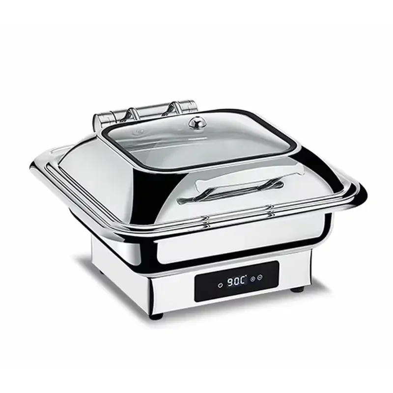 Electric Stainless Steel Food Warmer Rectangular Buffet Server with Glass Lid for Kitchen Catering Party Heating Tray