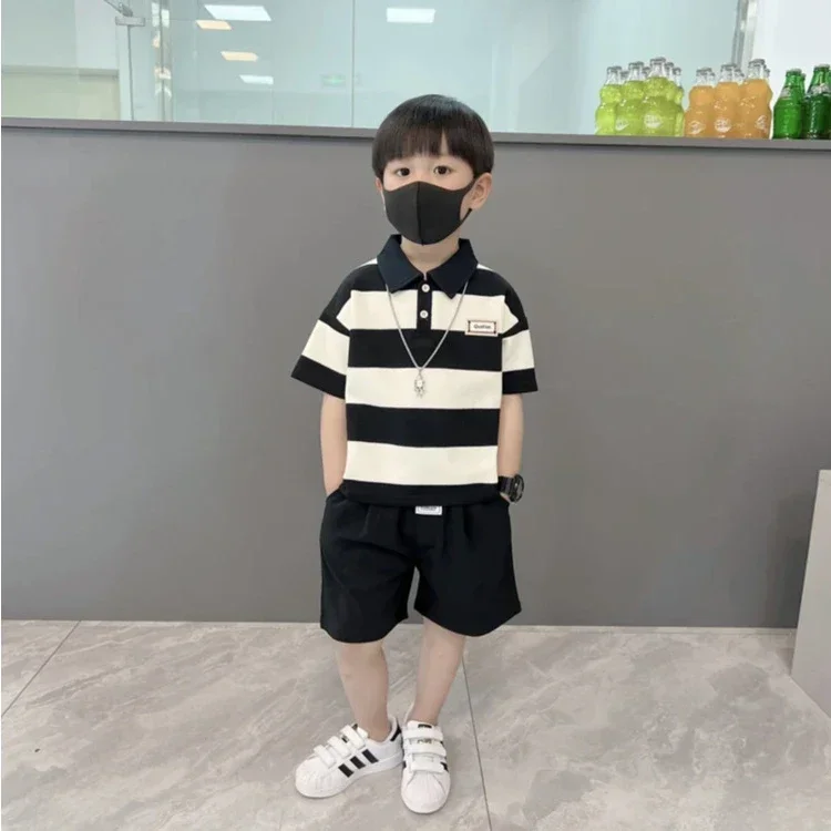 0-4 year old boy POLO shirt set, baby boy stripe short sleeved summer T-shirt+2 shorts Boys\' lapel striped short sleeved