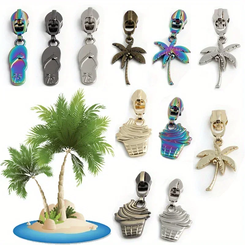 5PCS Summer Cool Coconut Palm Tree Slippers Ice Cream Zipper Puller Cute Fashion School Bag Quilt Bag DIY Sewing Puller