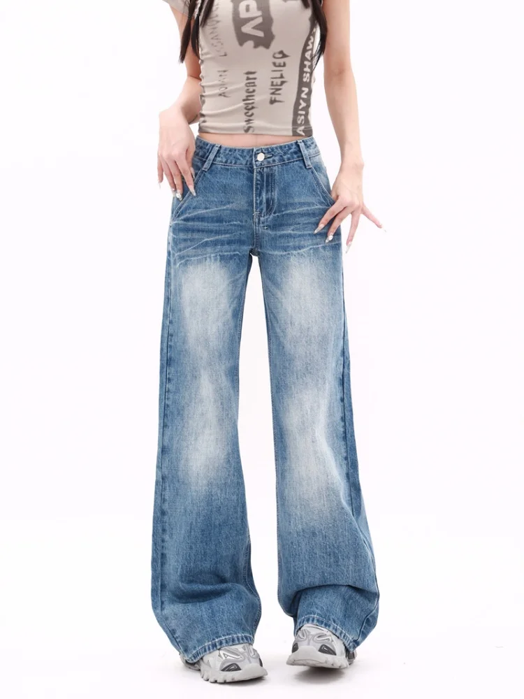

2025 plus size American style retro light blue low rise jeans washed straight leg spicy girl slimming micro flared pants