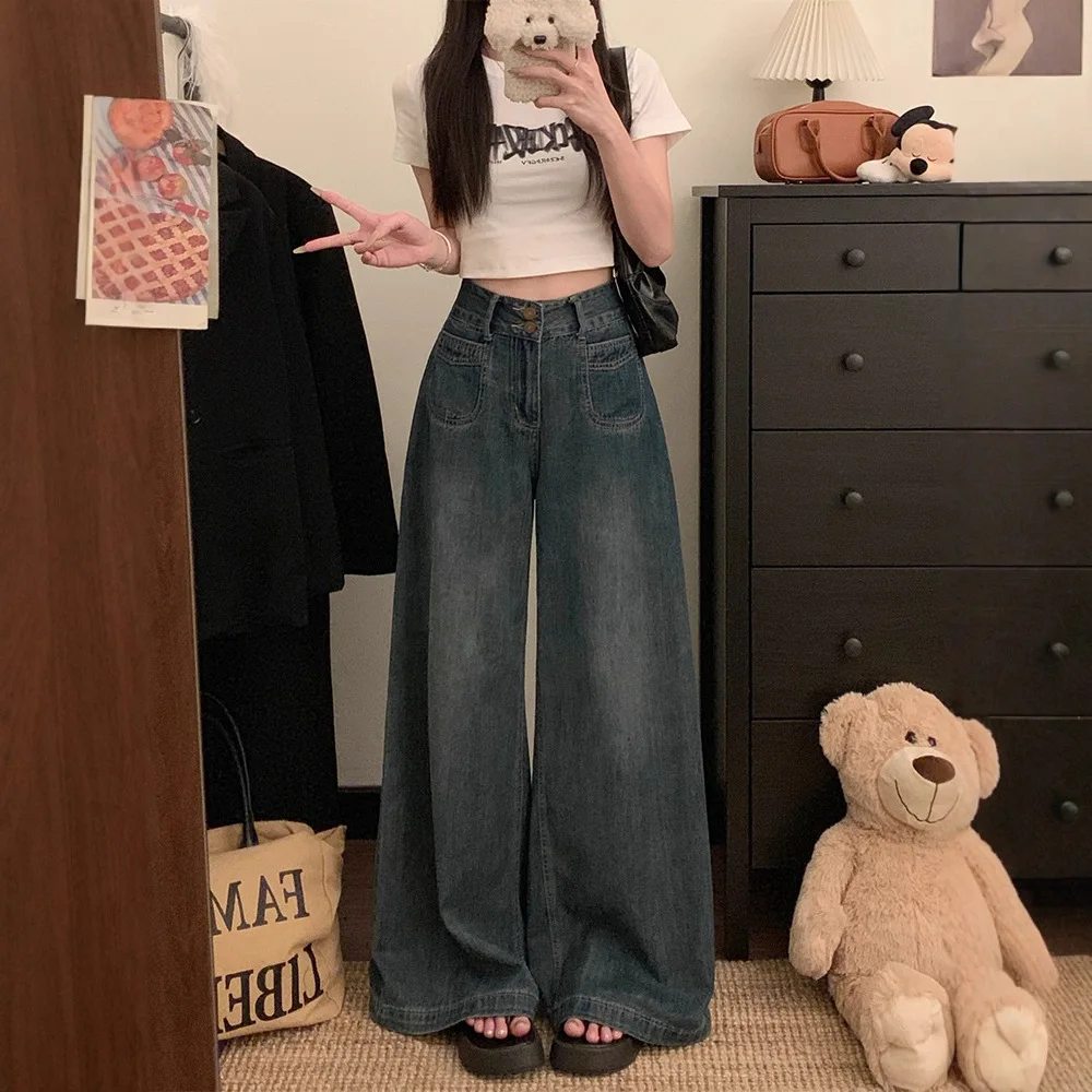 Retro Blue Double-button High-waisted Wide-leg Jeans For Women's 2026 Autumn And Winter Explosion Large-size Loose Straight