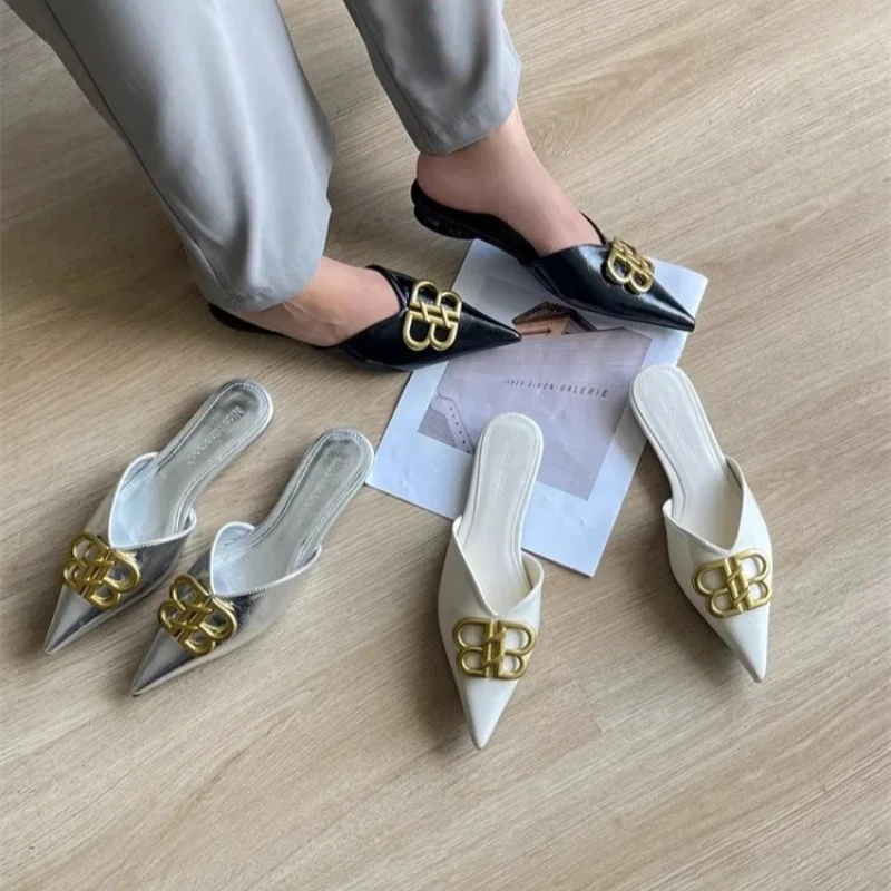 New Women's Sandals Fashion Metal Trim Designer Female's comfy shoes Casual Solid Party Daily Pointed Toe Flat Slippers