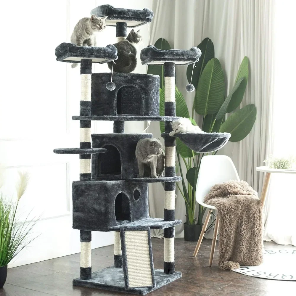 

Cat Tree, 73.4-inch cat tower, with 3 caves and 3 habitats, equipped with sisal scraping columns, sturdy and stable