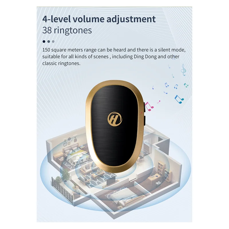 Wireless Doorbell RGB Colorful Light 38 Music Tracks 4 Level Outdoor 150M Range Kinetic Door Bell