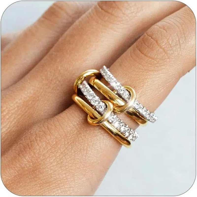 Multi-layer Metal Two-tone Stacking Rings for Women PVD Waterproof Stainless Steel CZ Zircon Finger Ring Designer Jewelry