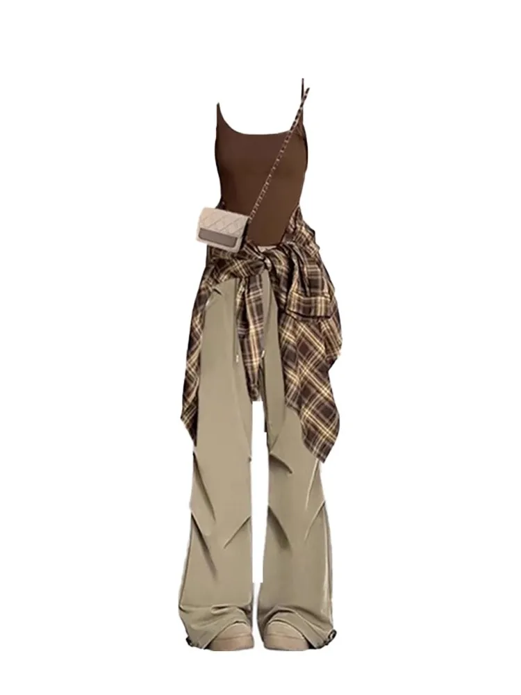 Primavera Verano mujer a cuadros protección solar irt Correa chaleco cintura alta ropa de trabajo pantalones camiseta conjunto de piezas traje Casual Faionable