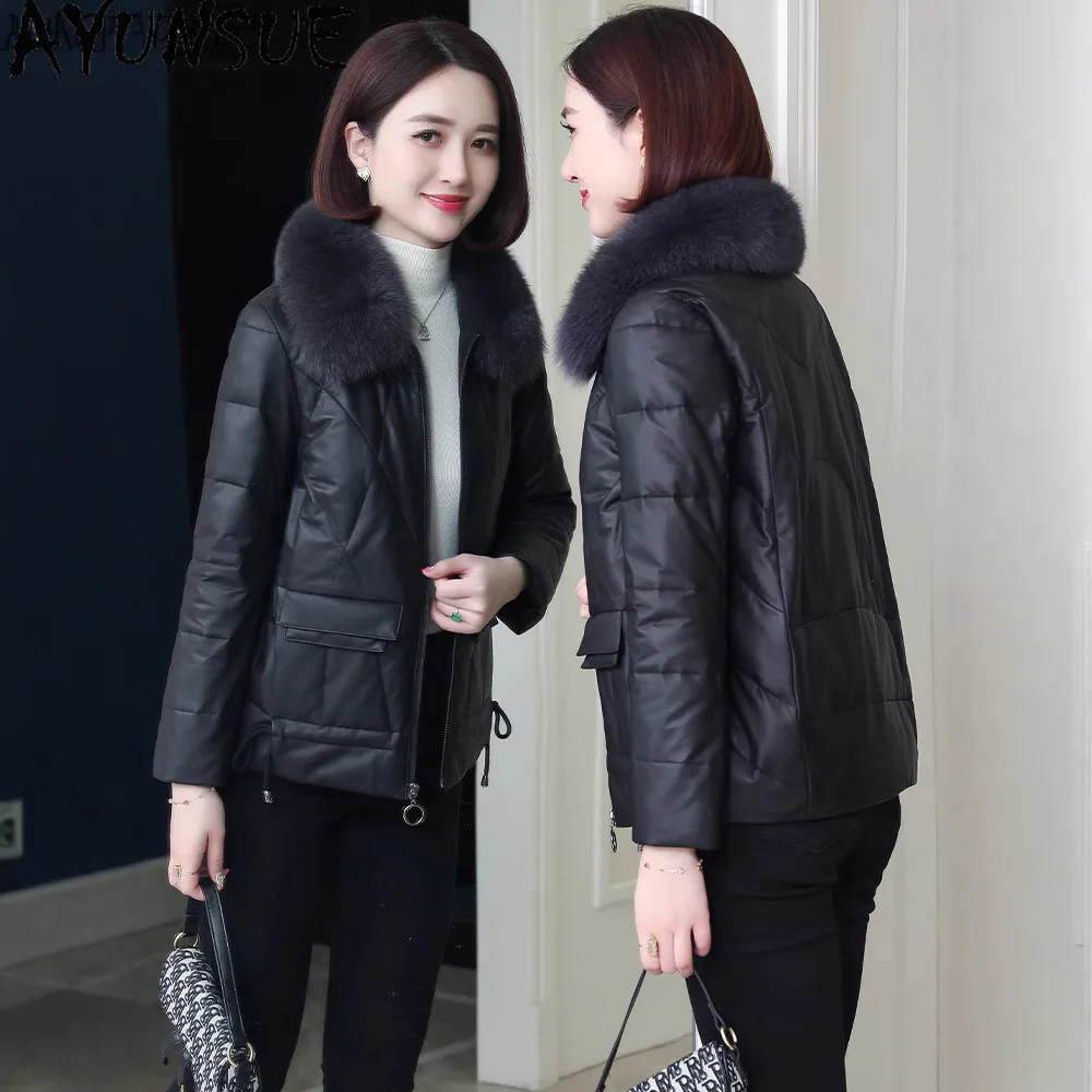 AYUNSUE 양피 정품 가죽 자켓 여성 90% 화이트 오리 다운 코트 여성 의류 겨울 따뜻한 여우 모피 CollarJaqueta Couro