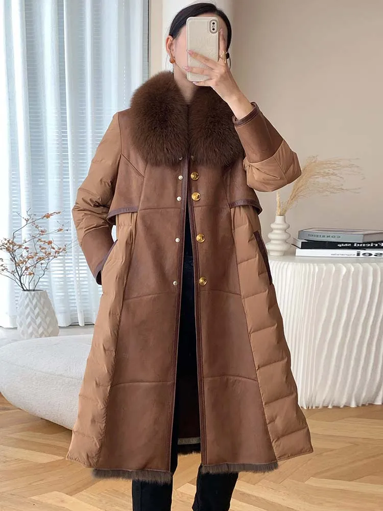 Inverno feminino longo casaco de couro genuíno natural gola de pele de raposa real forro de pele de coelho cinto fino trench novo outerwear