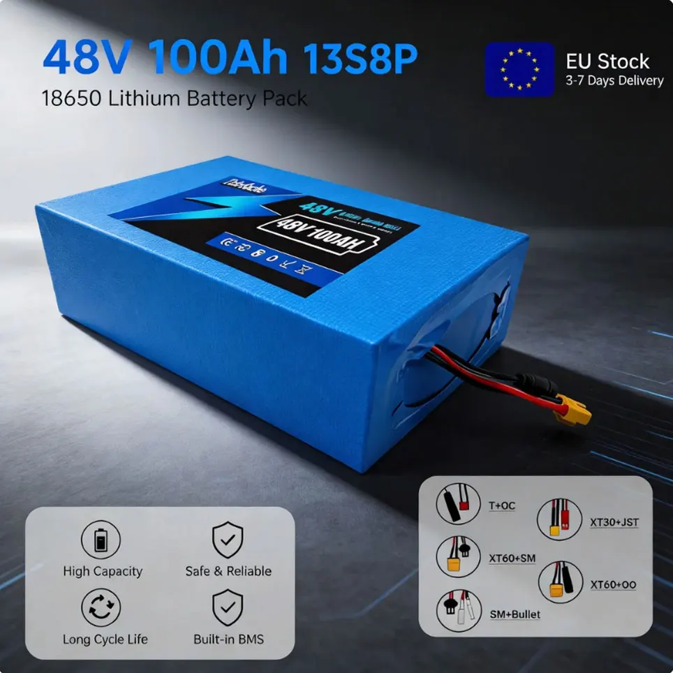 Batterie lithium-ion 13S8P 48V 100Ah 18650, grande capacité, avec panneau de protection BMS intégré, batterie lithium rechargeable pour vélo