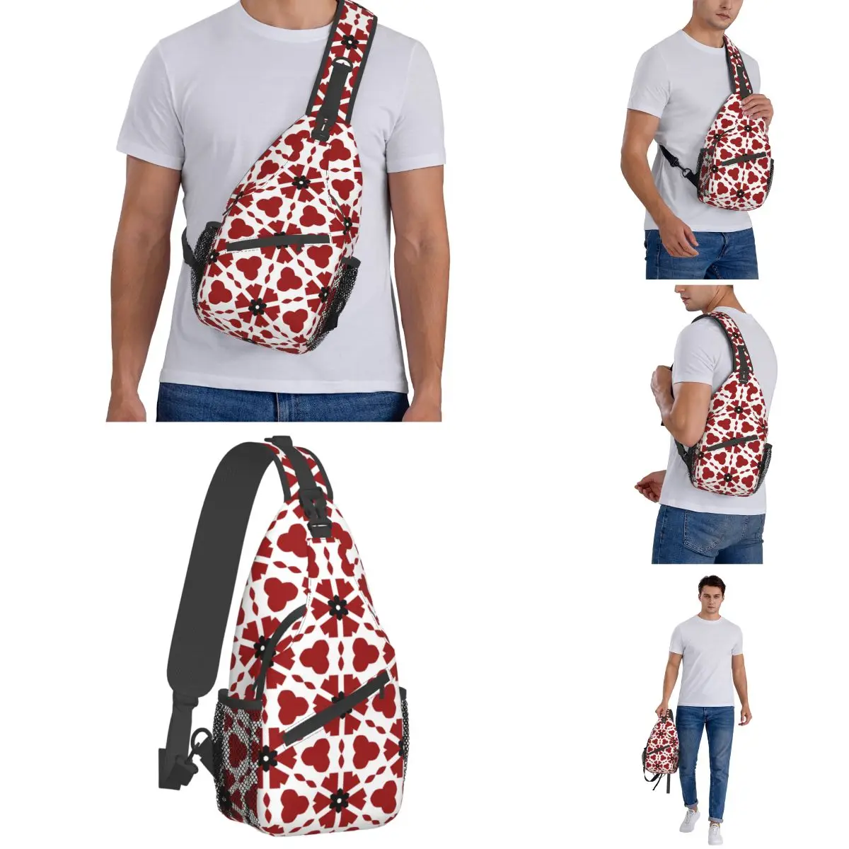 Rood Zwart Wit Geometrische Sling Tassen Borst Crossbody Schouder Sling Rugzak Wandelen Reizen Daypacks Mannen Vrouwen Pack