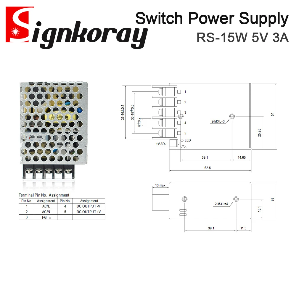 SignkoRay MeanWell 15W Single Output Switch Power Supply RS-15-5 5V 3A Original for Co2 Laser Engraving Machine