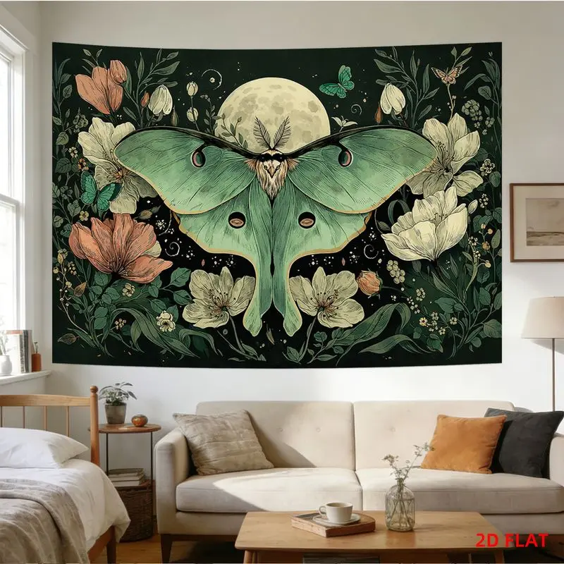 VIKAMA Luna Moth Floral Tapestry Celestial Dark Art Vintage Wall Hanging Boho Bedroom Dorm Yoga Room Decor