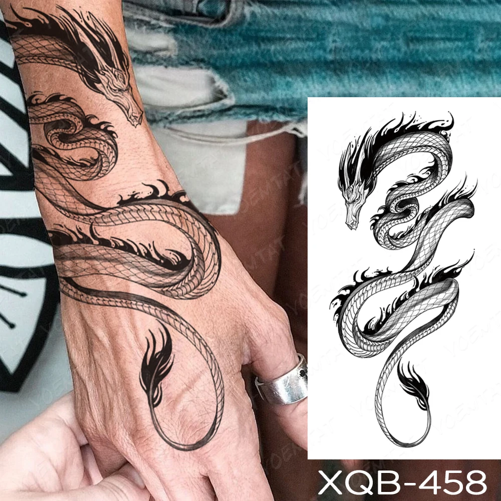 Waterproof Temporary Tattoo Sticker Black Dragon Snake Peony Rose Totem Flash Tatto Women Men Dark Sexy Waist Arm Fake Tattoos