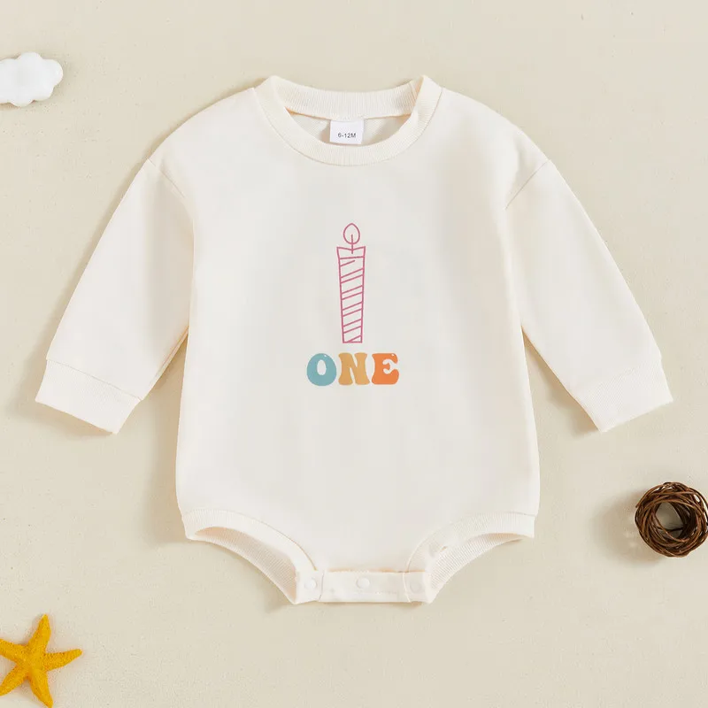 RUEWEY 6 to 18 Months Baby Girl Boy Birthday Bodysuit Spring Autumn Clothes Candle Letter Print Long Sleeve Sweatshirt Jumpsuit