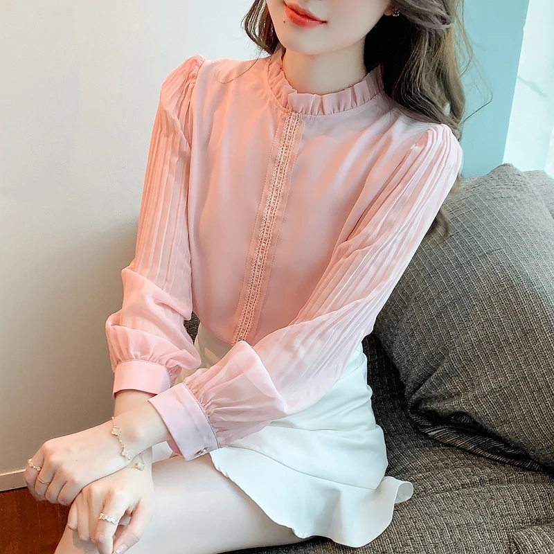 Spring Women Pink Chiffon Blouse Shirt Women Tops Blusas Mujer De Moda 2024 Long Sleeve Blouse Women Shirts Blouses Femme F447