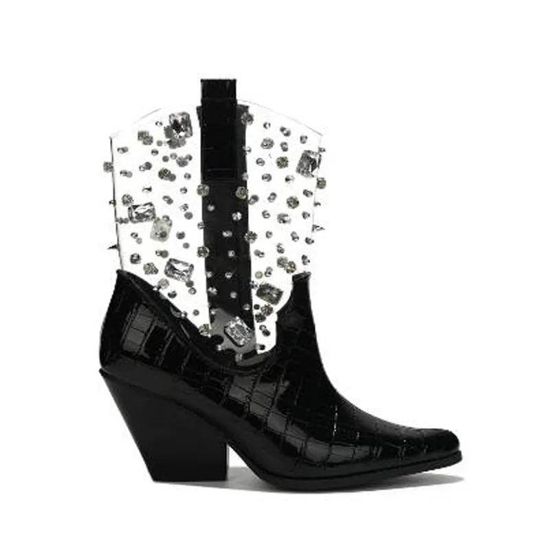 Bottes mi-mollet en cuir transparent avec biscuits Bling, chaussures Parker pointues, patchwork de rivets, talons carrés, rose chaud, blanc, or, noir, PVC