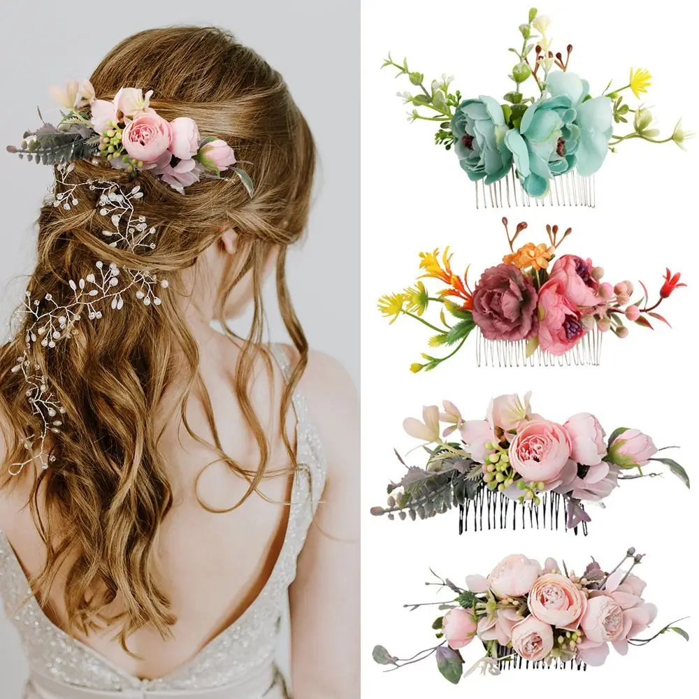 Flower Hair Comb Elegant Bridal Crystal Hair Ornaments Rustic Wedding Floral Women Flower Leaf Hair Comb Brides Hair Accessories