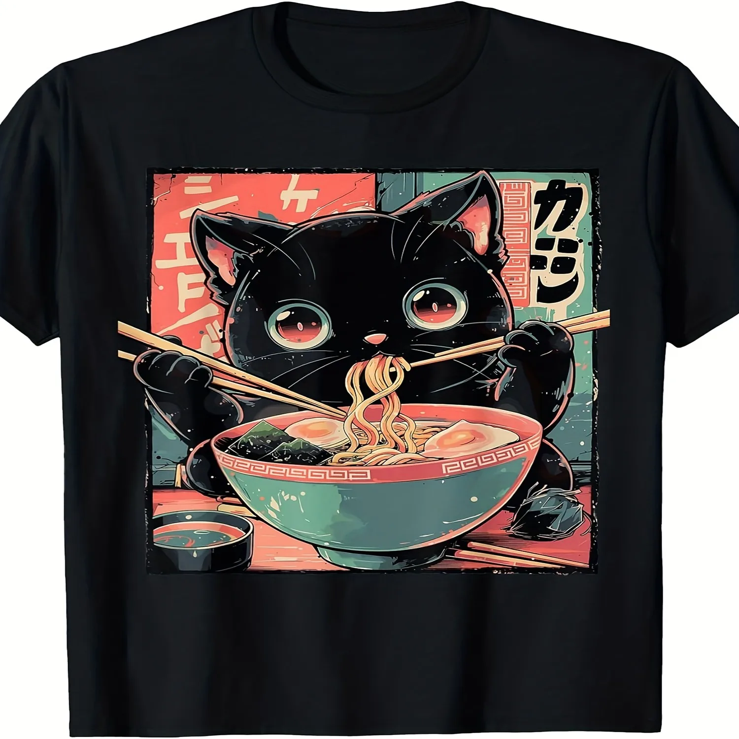 Men's Women's Cute Cat Eating Ramen Anime T-Shirt - Japanese Kitten Ramen Bowl Graphic, 220GSM Pure Cotton Round Neck Tee for Casual Wear,, Anime Conventions - Unisex Apparel Cotton Tee, Gift For Him