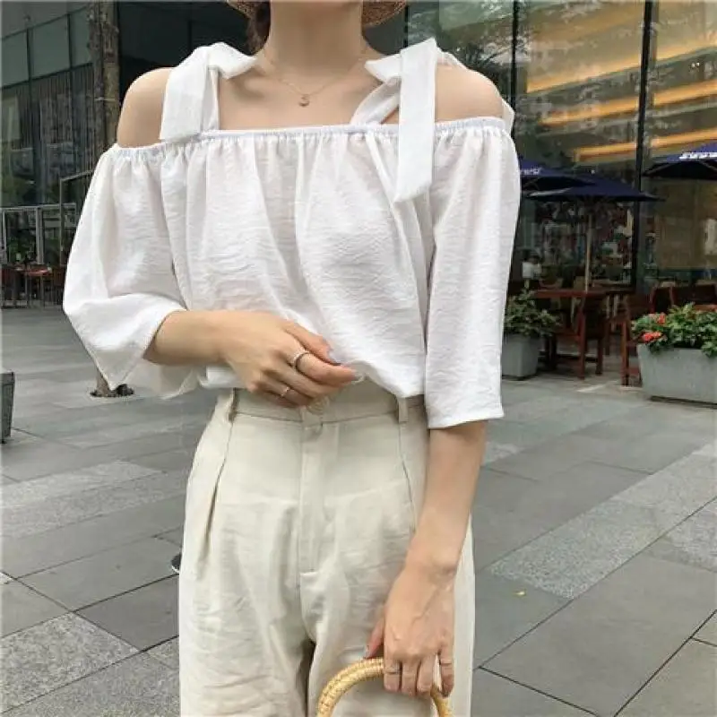 Women Summer Korean Striped Loose Lacing Fashion Solid Color Slash Neck Short Sleeve Blouse Women Clothes Trend Appear Thin Tops