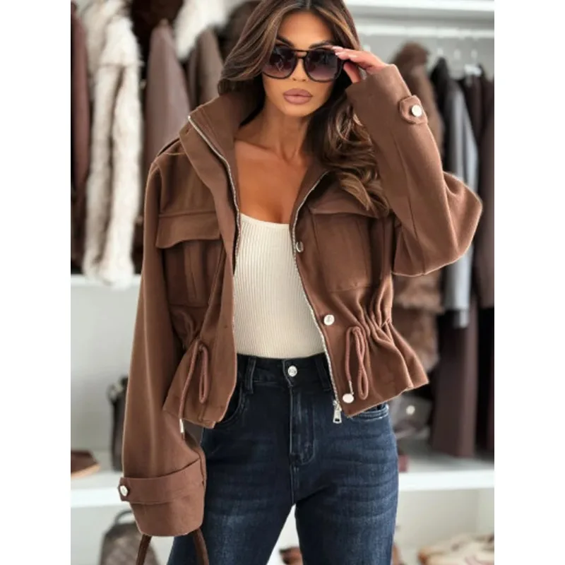 قصيرة نمط الشارع عارضة بلون الرباط سستة المرأة سترة الخريف الشتاء أزياء تنوعا أنيقة معطف طويل الأكمام