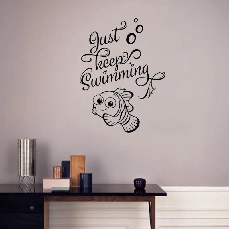Creative Just Keep Swimming Wall Decal Fish Bathroom Quote Vinyl Sticker Kids Children Room Decoration Nursery Art Murals