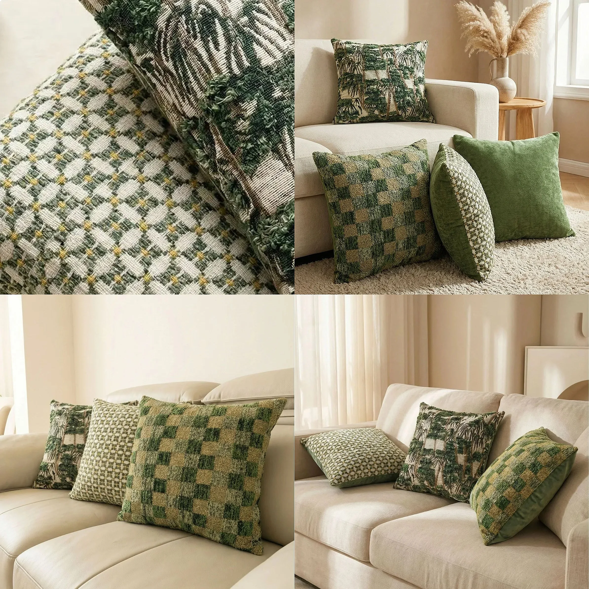 Vintage Botanical Jacquard Throw Pillow Covers Geometric Check Textured Pillowcases Tropical Forest Cushion Cover Home Decor