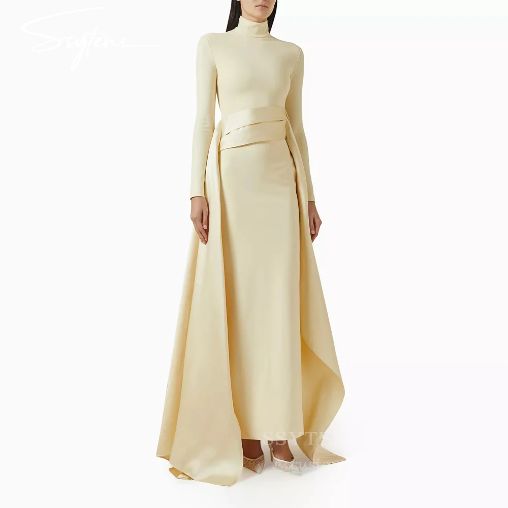 

SSYTENS Elegant Yellow Evening Dresses High-Neck Long Sleeves Mermaid Prom Dresses Muslim Formal Party Gowns Dubai Customized