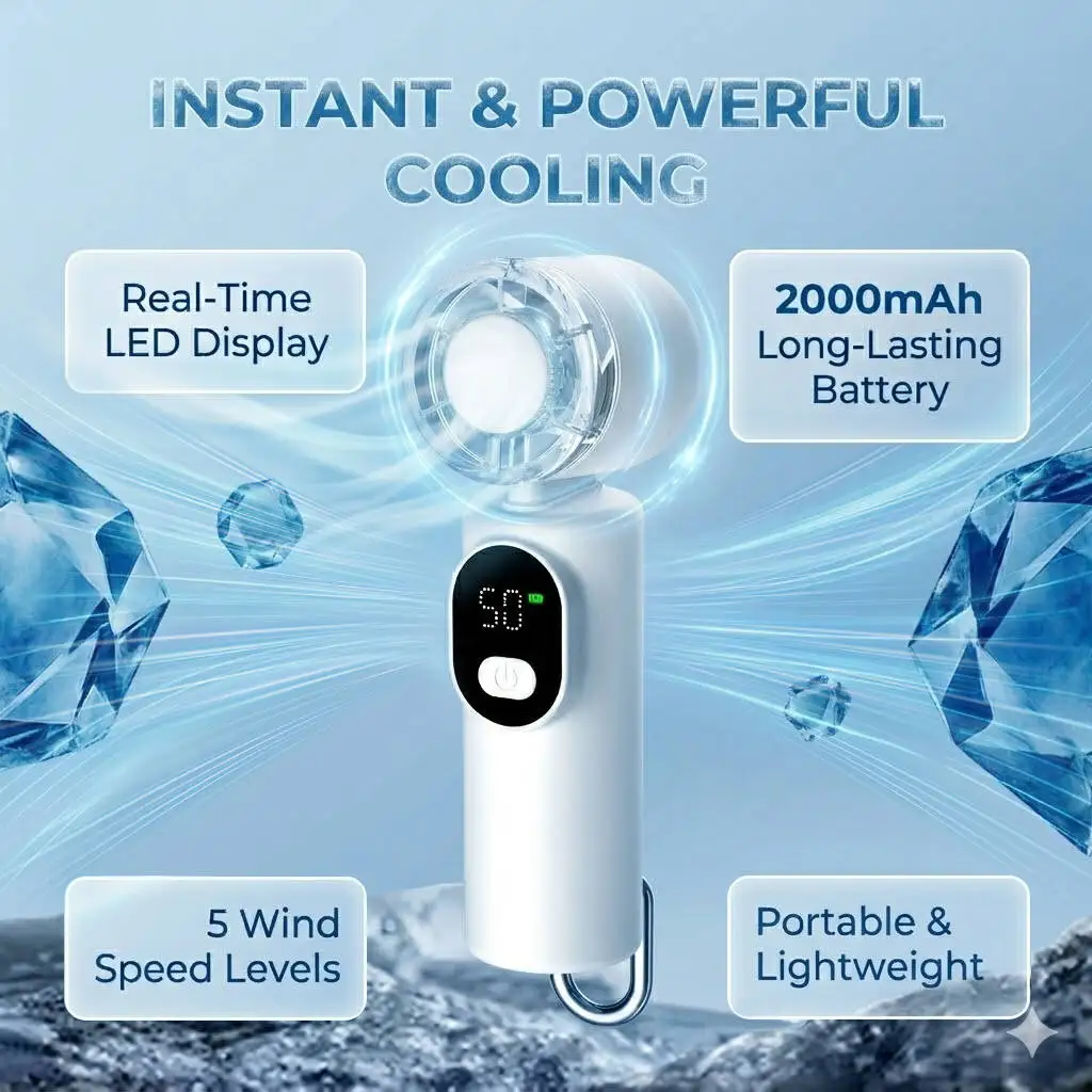 

2000mAh Handheld Cooling Fan with Digital Display Screen, 5-Speed Strong Wind Type-C Charging Indoor Outdoor Mini Air Cooler