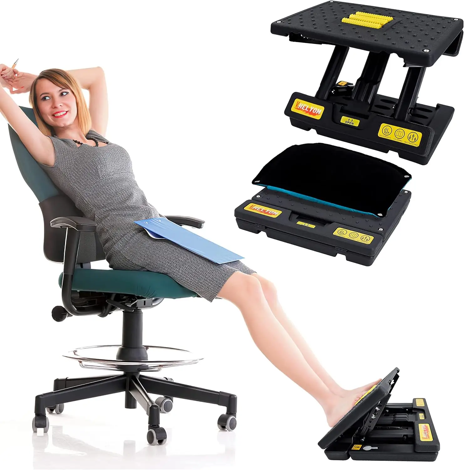 

Footrest for Under Desk, Height Adjustable Footrest with Massage Roller and Thick Cushion, Foldable Ergonomic Foot Rest