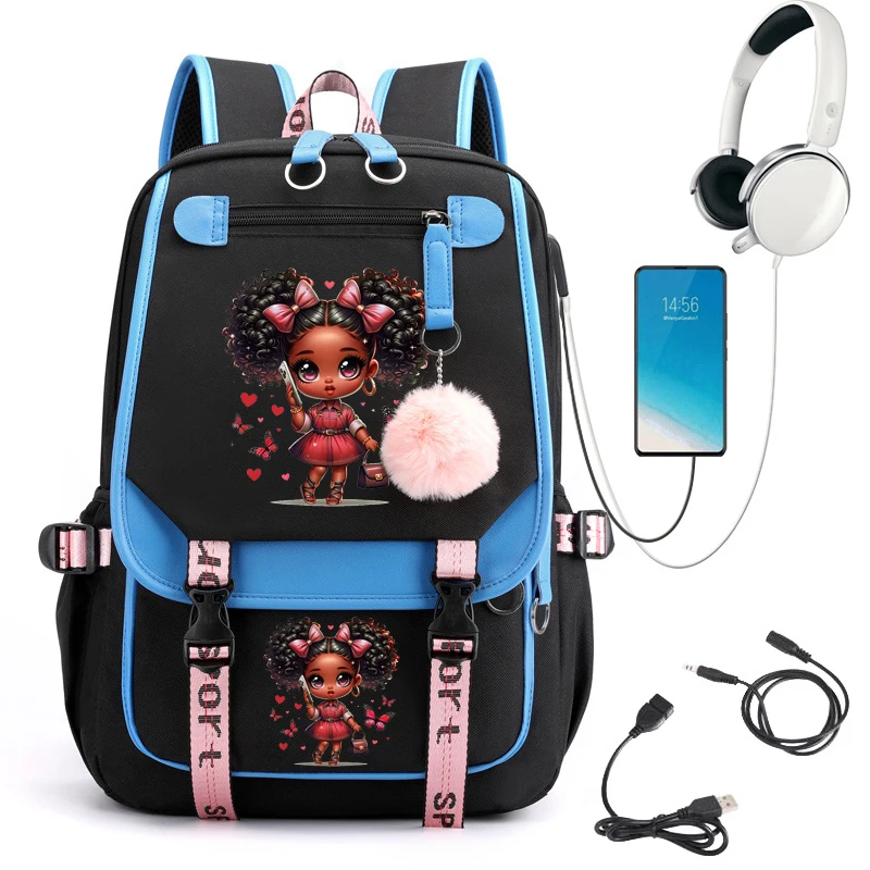 Chibi schwarz Mädchen drucken Mädchen Schule Rucksack Tasche niedlichen Schult aschen für Schüler Teenager Bücher tasche Laptop Rucksack USB-Aufladung Mochila