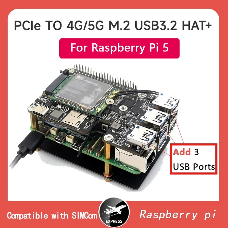 Placa de expansión Raspberry Pi 5 PCIe M.2 4G/5G HAT+, placa de expansión USB3.2 de 3 puertos, estándar HAT+ para módulos 5G y periféricos de alta velocidad