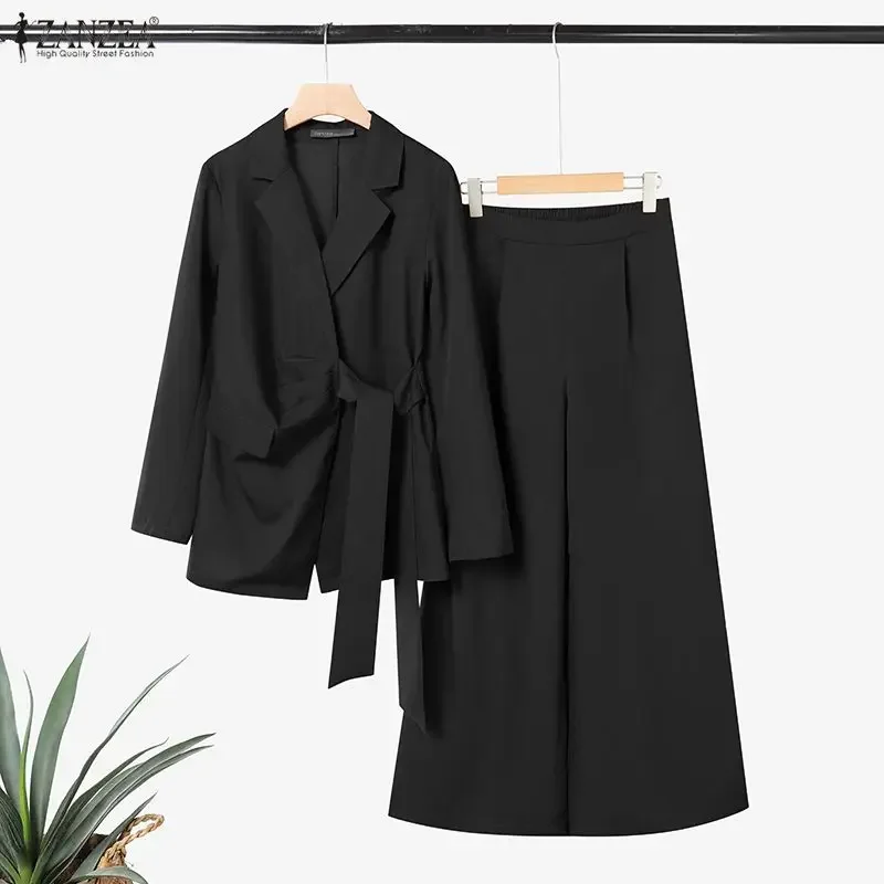 Women's Elegant Pant Suits Outfits, Notch Lapel Long Sleeve Tie-Waist Blazer & Wide Leg Pants 2 Piece Sets, ZANZEA Woman Clothes