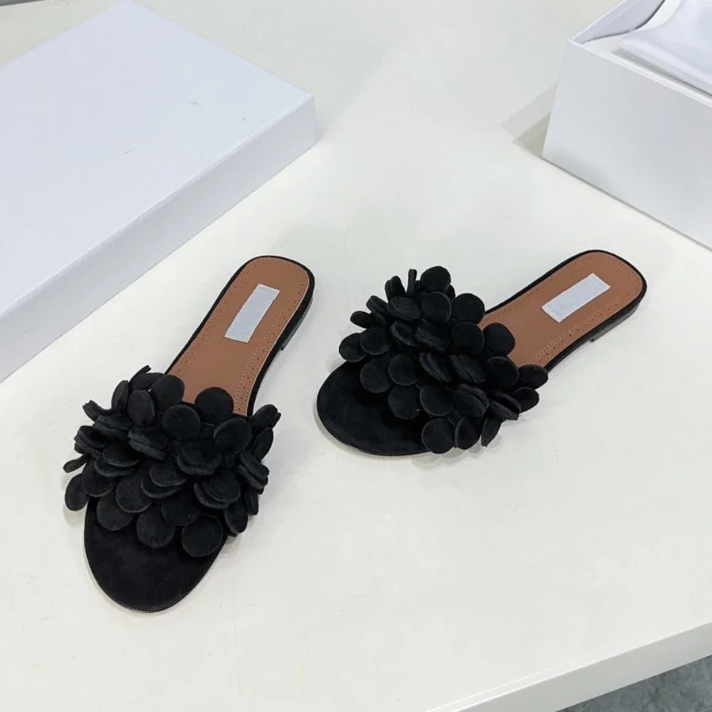 

High quality summer one line sandals for women wearing elegant leather flat bottomed open toe slippers for women mules ladies