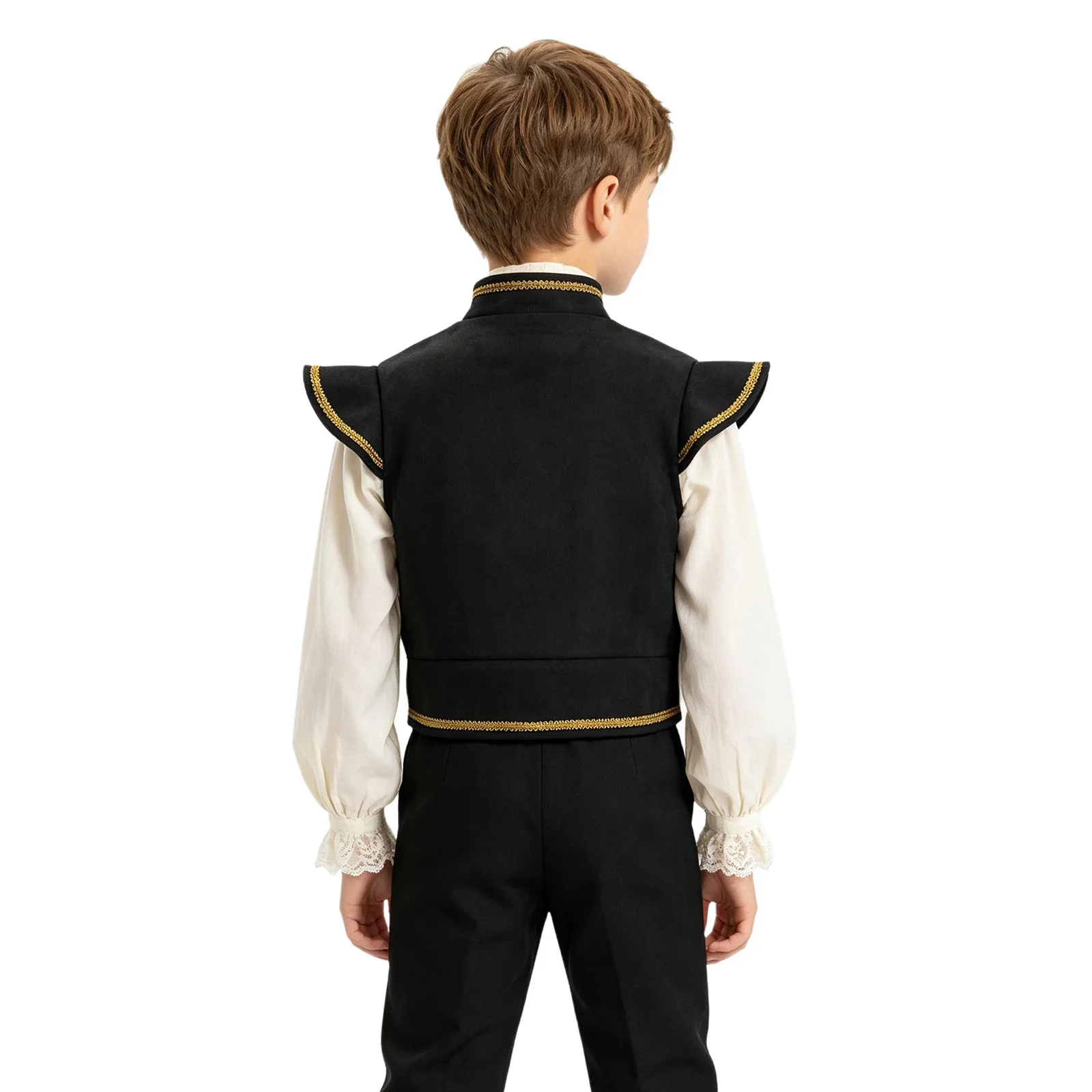 Kids Boys Medieval Renaissance Costume Prince Faux Suede Waistcoat Cap Sleeve Button Gold Trim Vest  for Halloween Theme Party view 3