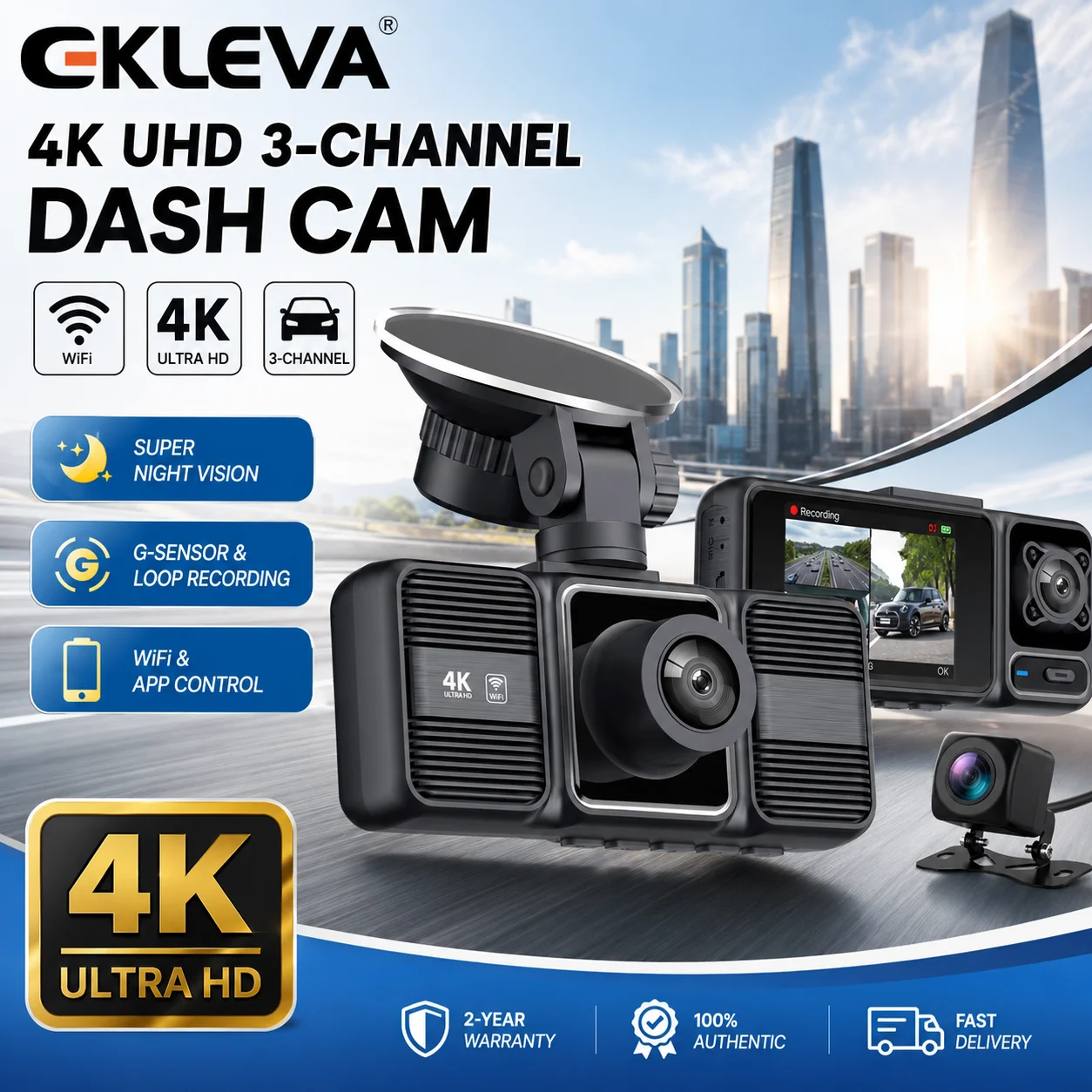 EKLEVA 3-Channel Dash Cam 4K Ultra HD Front Camera with WiFi APP Control 2.0