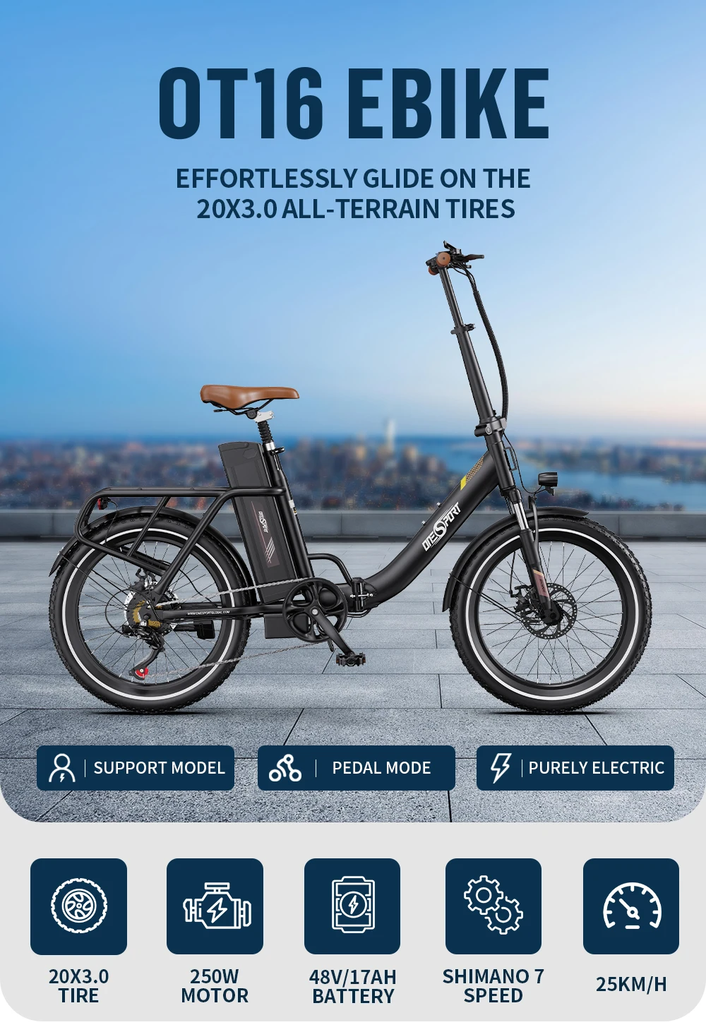 ONESPORT OT16-2 Hochwertiges All-Terrain-Elektrofahrrad 250W Motor 48V 15,6Ah Akku 20-Zoll-Reifen Pendler-Elektrofahrrad – Detail 1