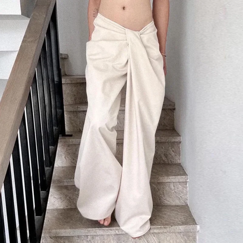 Y2K Womens Low Waist Casual Pants European American Street Style Personality Irregular Twisted Waist Loose Wide Pants