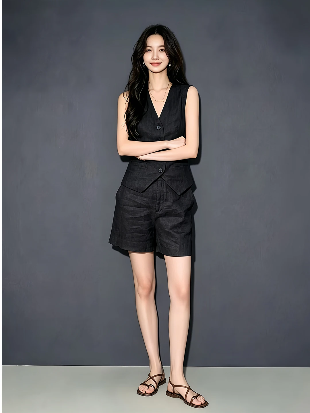 Ladies Linen Suit Set Casual Style Two-Piece Outfit with Vest And Shorts Breathable Comfortable Summer Fashion Ensemble