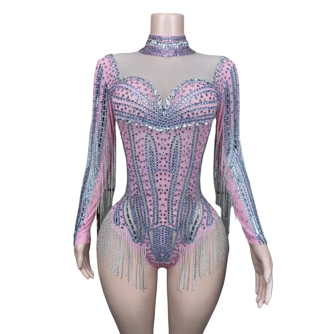 

Sparkly Clubbing Rhinestone Drill Chain Bodysuits For Women Sexy Long Sleeve See Through Mesh Leotard Carnival Photography 2023