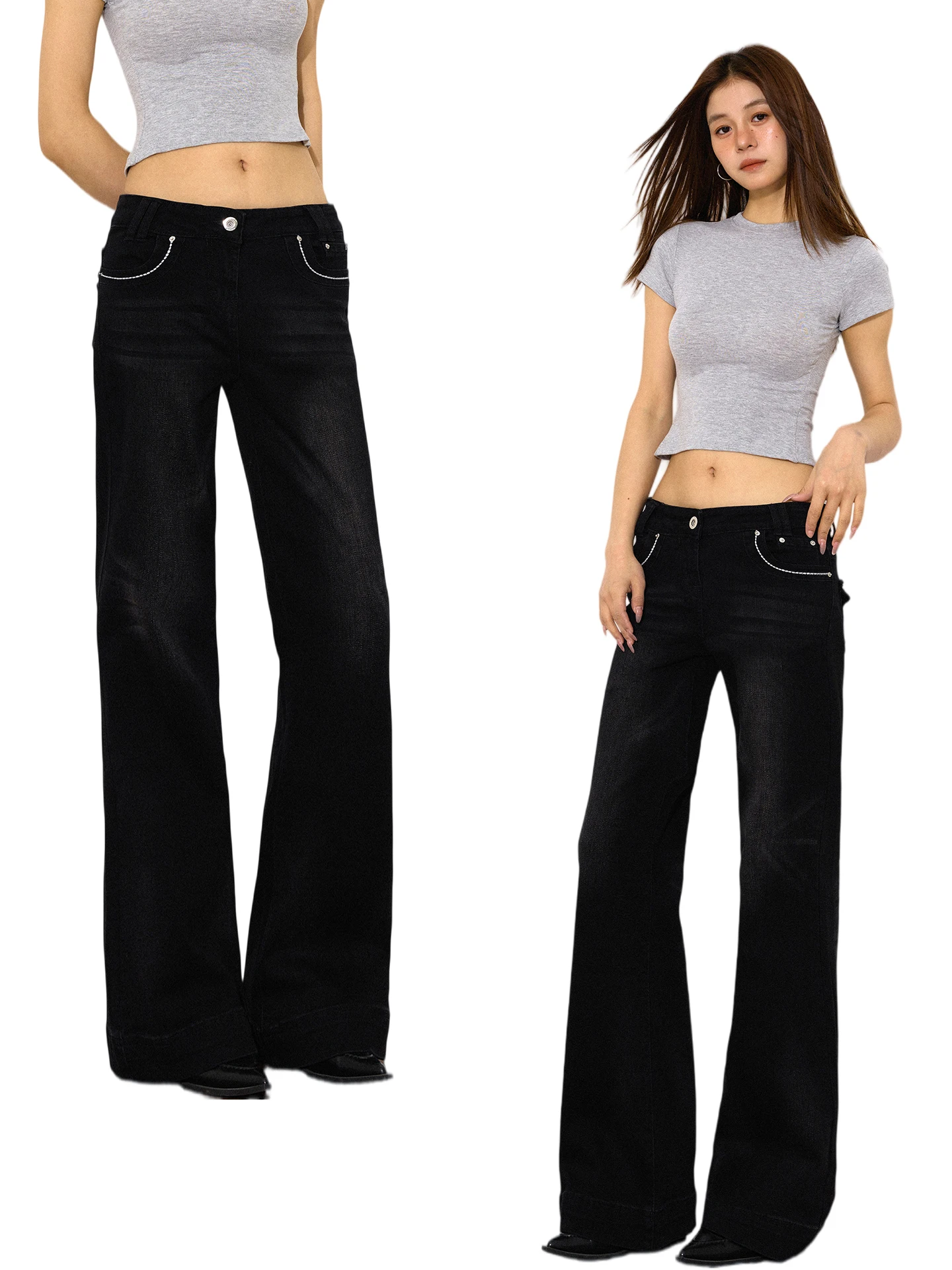 

Джинсы с низкой талией и расклешенными штанинами для женщин, утягивающие, с широкими штанинами, в американском ретро-стиле, слегка пикантные, шикарные, черные, из денима