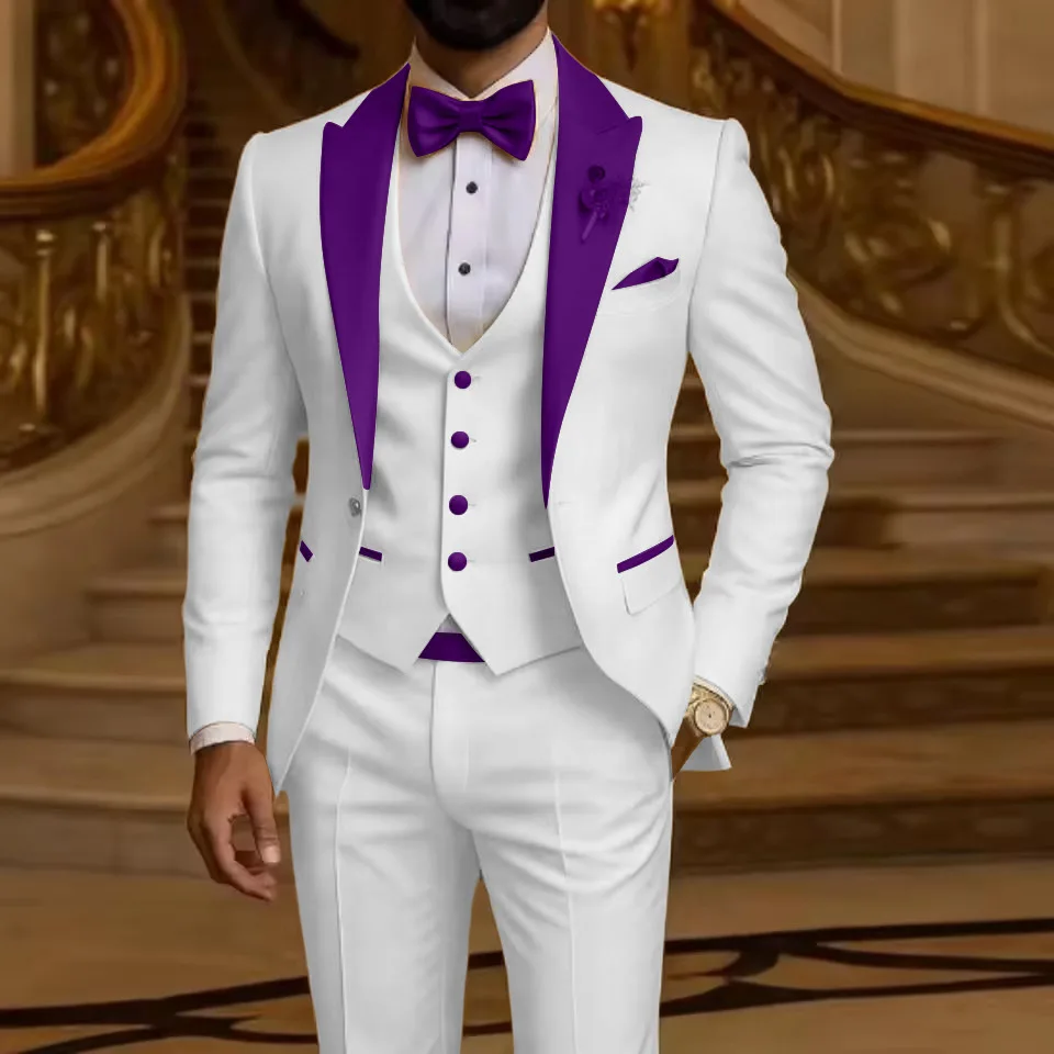 Men's 3 Piece Formal Business Suit Slim Fit Peak Lapel Groom Tuxedo Best Man Wedding Party Blazer Vest Pants Set Men Outfits