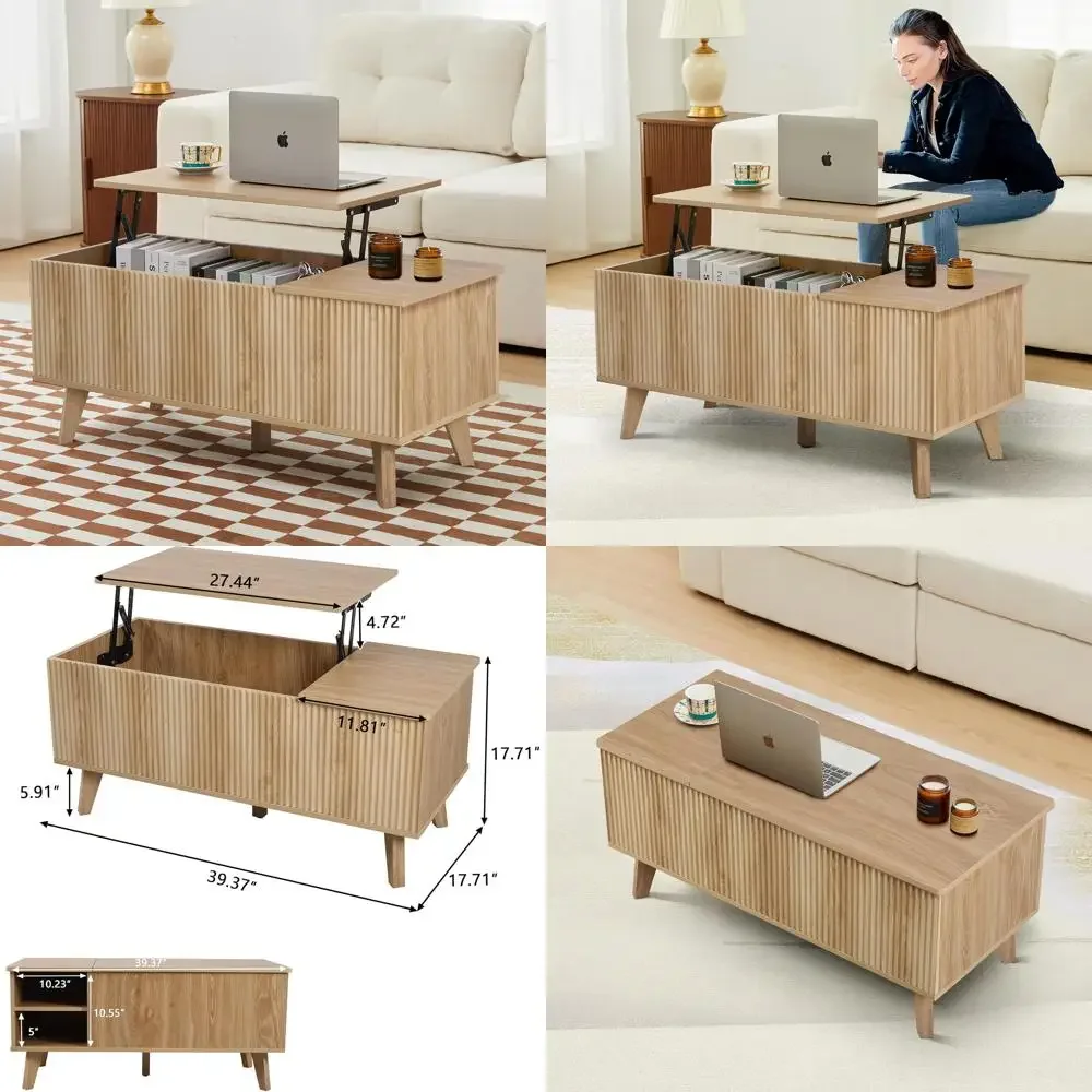 

Современный рифленый журнальный столик с подъемным верхом и скрытым хранилищем, прямоугольный центральный стол с регулируемой полкой