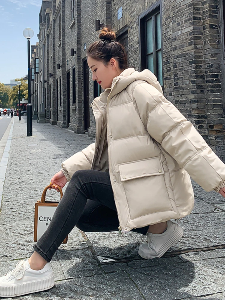 Parka con capucha y cuello levantado para mujer, abrigo de algodón suelto con botones y bolsillos grandes, color liso, Otoño e Invierno