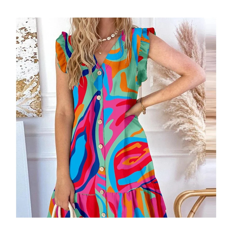 

China Quality Custom Print 100% Organic Cotton Dresses Women Vacation Beach Elegant Short Summer Dress