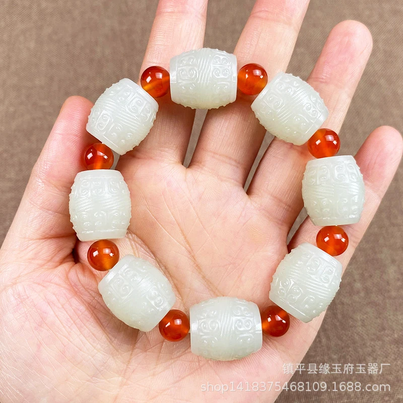 Hetian green and white jade beads, patterned beads, beads, smooth beads, fortune beads, bracelet separator beads, jadeite