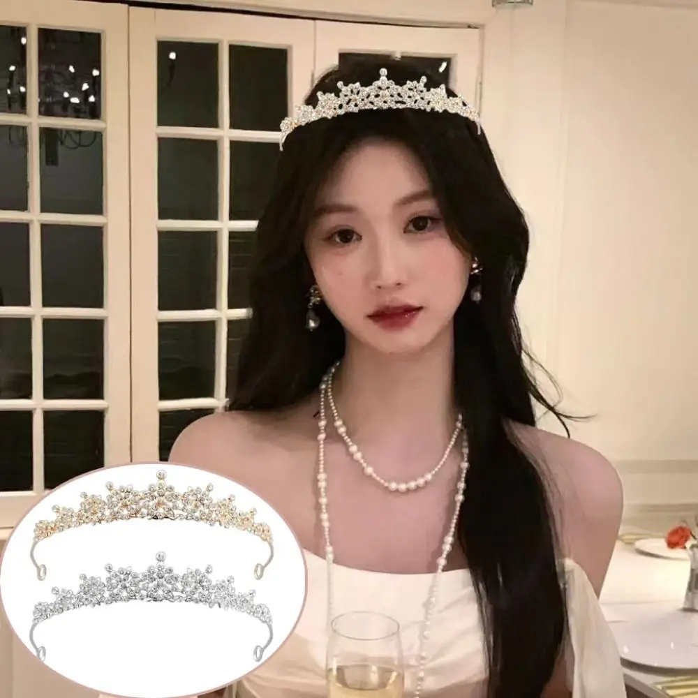 

2pcs Bride Headdress Flower Crystal Tiara Sparkling Princess Headband Rhinestone Queen Crown Ear Clip Gold Silver