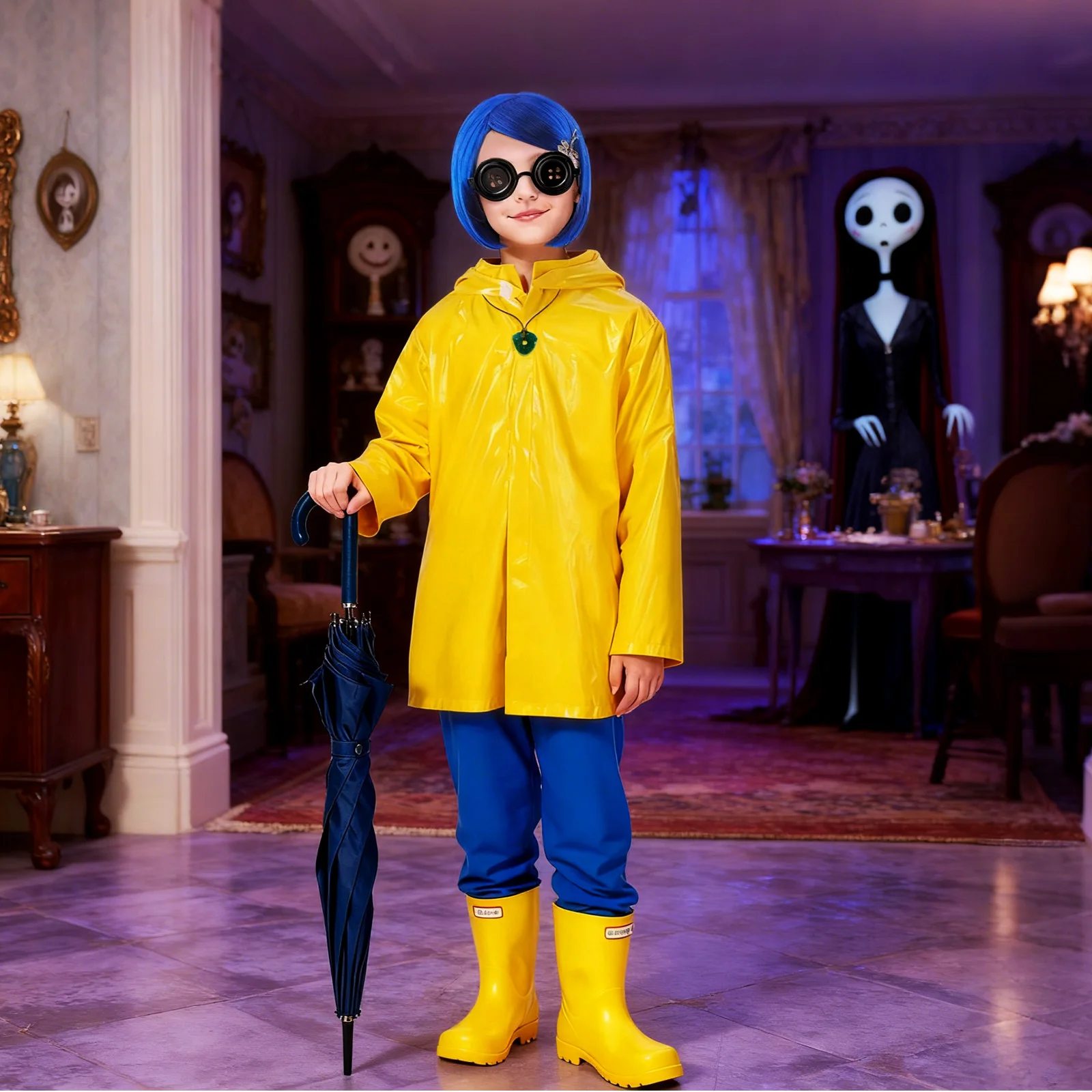 Girls Horror Moive Character Halloween Costume Waterproof Yellow Raincoat Jacket Blue Pants for Scary Anime Cosplay