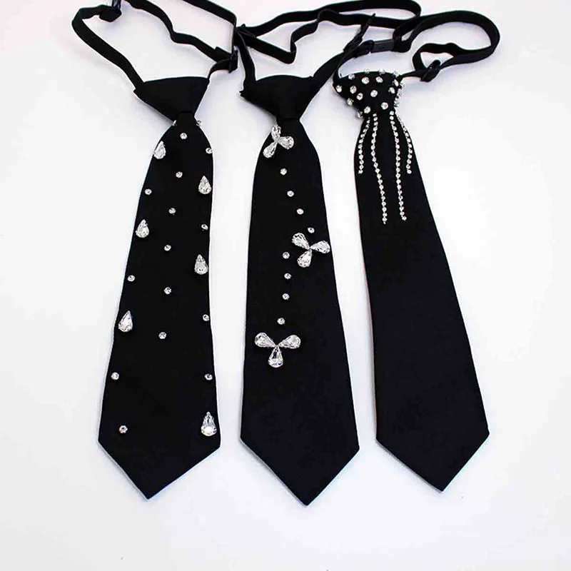 

Women Black Tie Small Tie Collar With Rhinestone Jewelry Peal School Uniform Girl Boys Gifts for Clothing Accessories Cravat