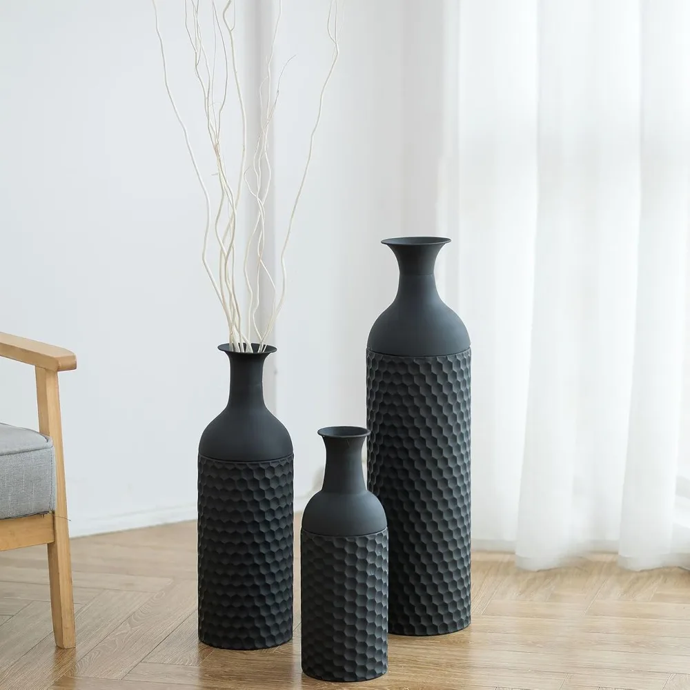 Large Black Vases Tall 27inch - Metal Floor Standing Vase Set of 3 Modern Honeycomb Texture Big Standing Vase